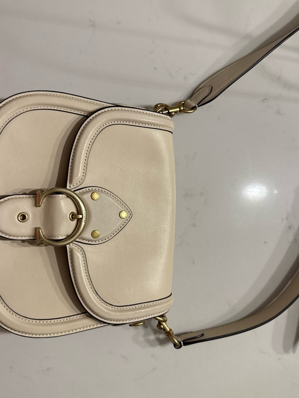 Ivory Beat Coach Leather Saddle Crossbody Bag with Gold Hardware